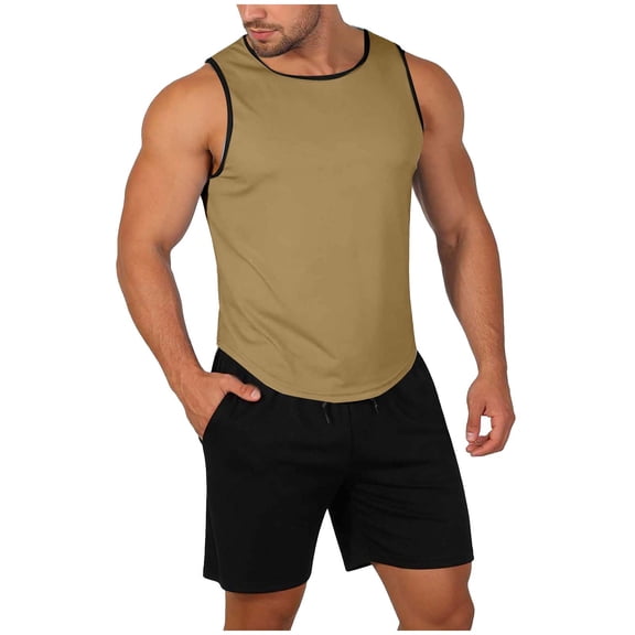 Busydd Mens 2 Piece Outfits Solid Color Round Neck Tank Top and Drawstring Shorts Beach Outfit Casual Vacation Mens Summer Clothes XL
