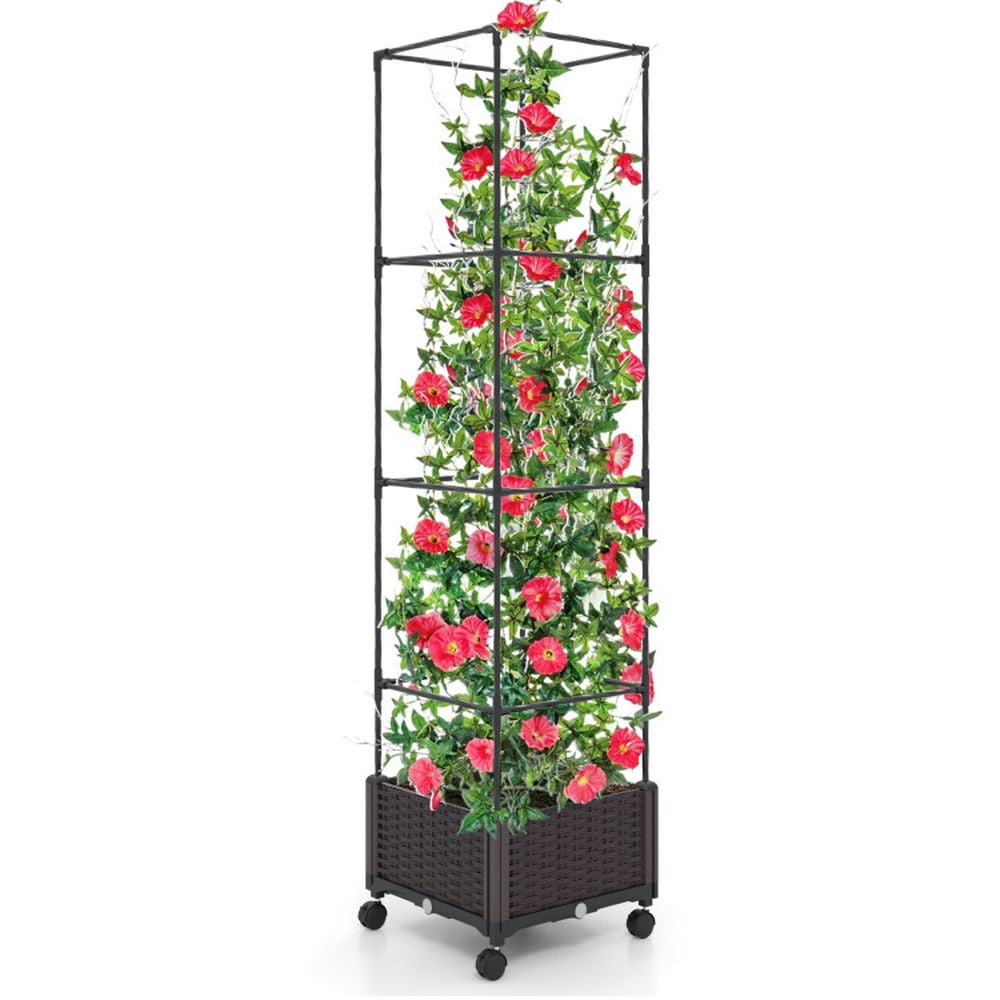 Demifill 67 Inches Raised Garden Bed with Planter Box and Trellis, 2-in-1 Functionality and Expandable Garden Bed, Brown