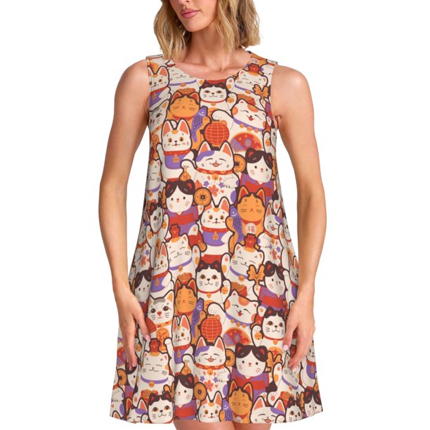 Easygdp Maneki-Neko Cats para Vestido Transpirable de Mujer, Vestido Suelto de Manga Corta con Pliegues y Bolsillos para el Verano