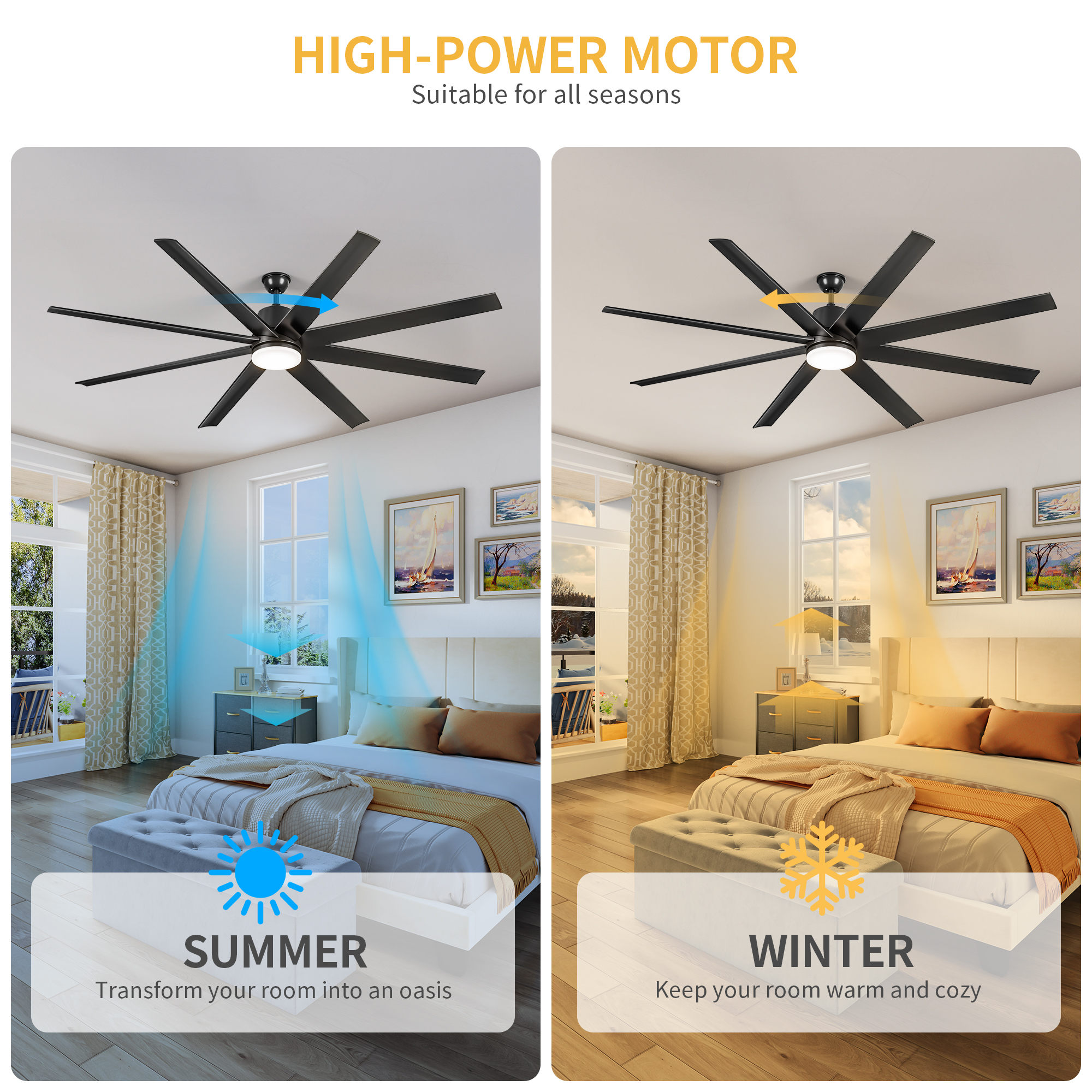 Dextrus 72-Inch 8-Blade Modern Ceiling Fan with Light, 6-Speed Quiet DC Motor, Dimmable 3-Color LED, Memory Function, App & Remote Control for Indoor and Outdoor Spaces
