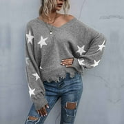 UTTOASFAY Winter Sweaters for Women Plus Size Ladies Casual Fashion Solid Color V- Neck Loose Knit Sweater Tops Flash Picks