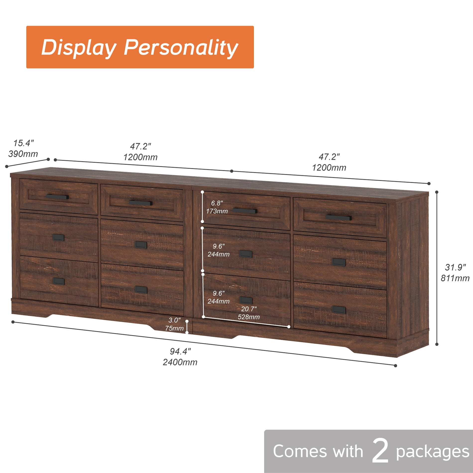 WAMPAT 12 Drawer Dresser for Bedroom,Extra Long Wooden Dresser with Wide Chest of Drawers,Modern Farmhouse Closet Storage Organizer with Pre-Assembled Drawer Glides for Living Room,Hallway,Dark Brown