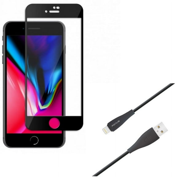 iPhone 7/8 PLUS 6ft USB Cable w Screen Protector - Charger Cord Power Wire Long, Ceramics Matte Black 3D Curved Edge for iPhone 8 PLUS/7 Plus