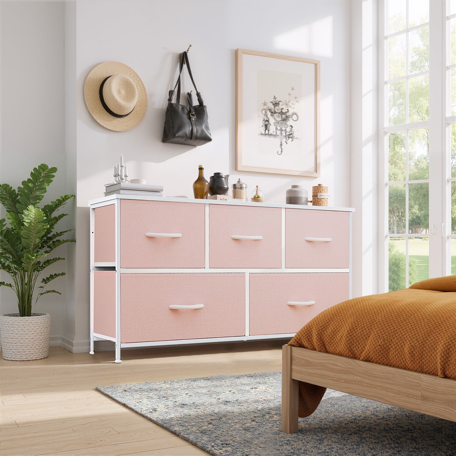 Dresser, Betcozy Storage Organizer with 5 Drawers for Bedroom, Chest of Drawers with Fabric Bins, Sturdy Metal Frame, Wood Tabletop, Pink