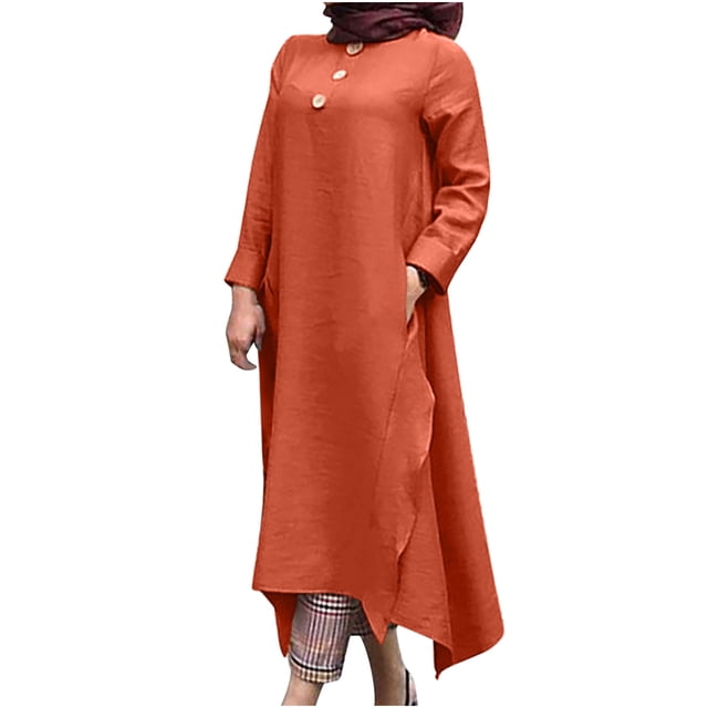 Robe à Manches Longues pour Femmes Mode Féminine Col Rond Poches Amples Robe Longue Mi-Mollet Unie