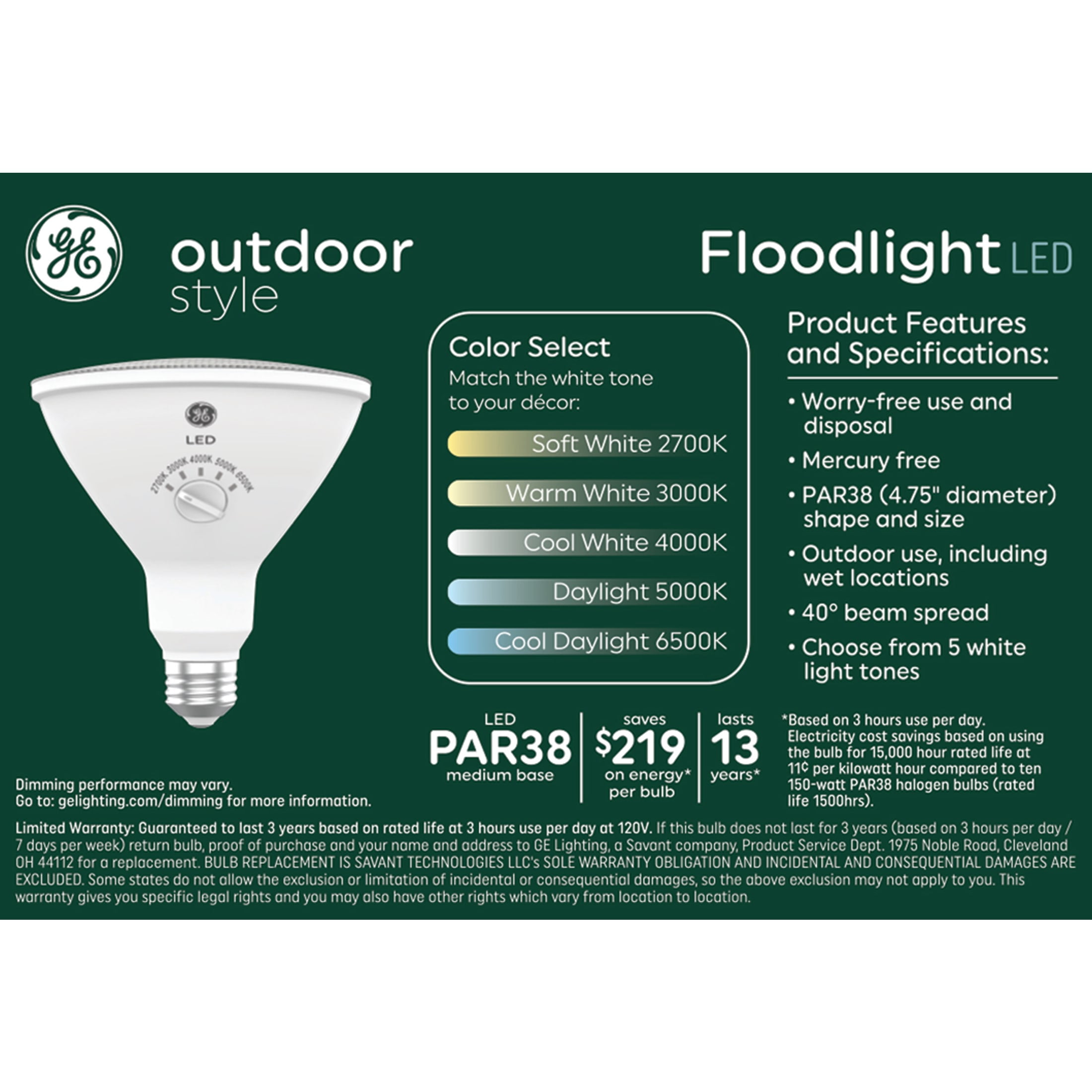 GE Outdoor Style PAR38 LED Floodlight, 150 Watt Replacement, 5 White Tones, 2pk