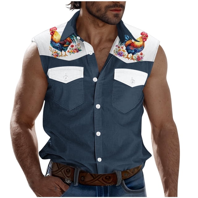 Camisas de Cuello para los Hombres de Moda Casual Imprimir Turndown Cuello sin Mangas Bolsillos Deportivos Tanque, Ligero Top de Verano