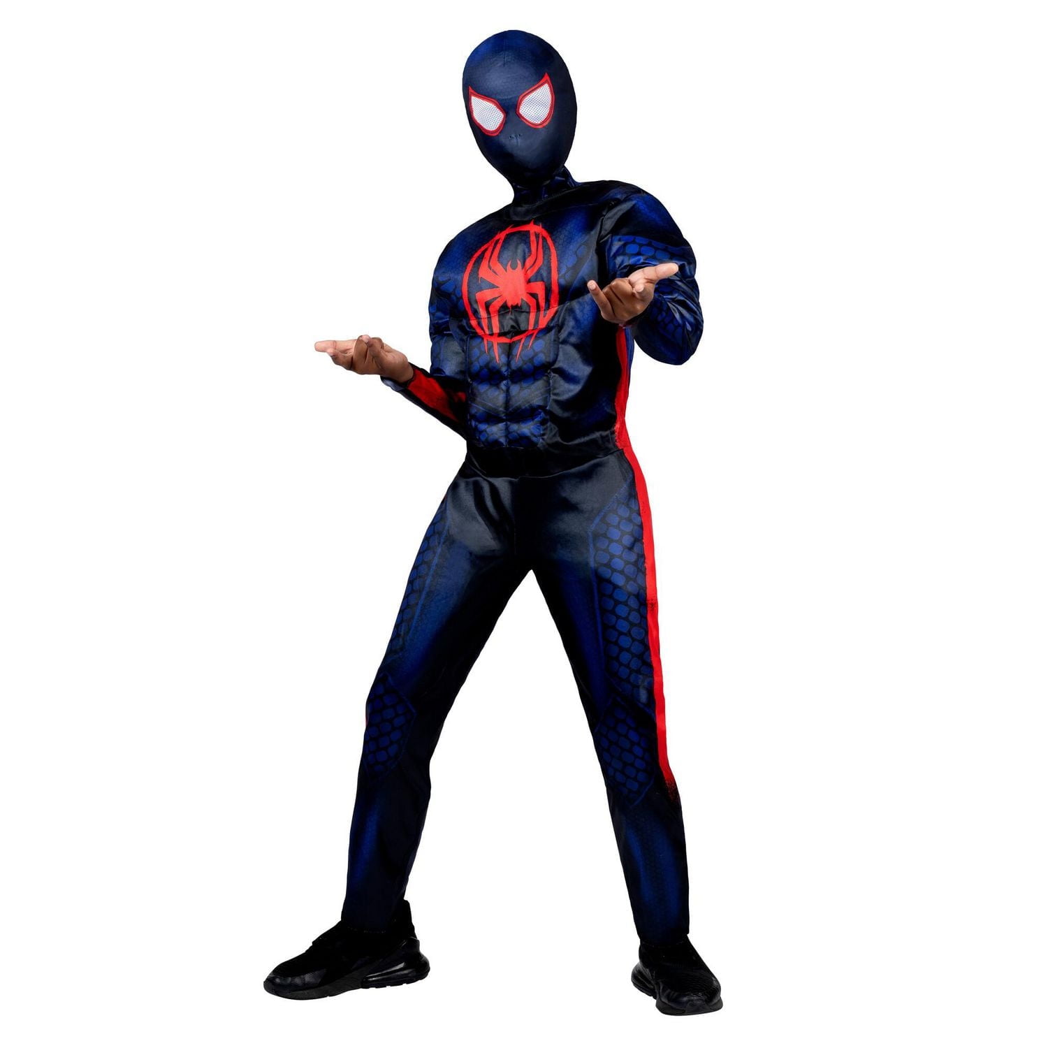 MARVEL’S MILES MORALES MUSCLE SUIT COSTUME - Muscle Jumpsuit with Printed Design and Polyfill Stuffing with Fabric Mask