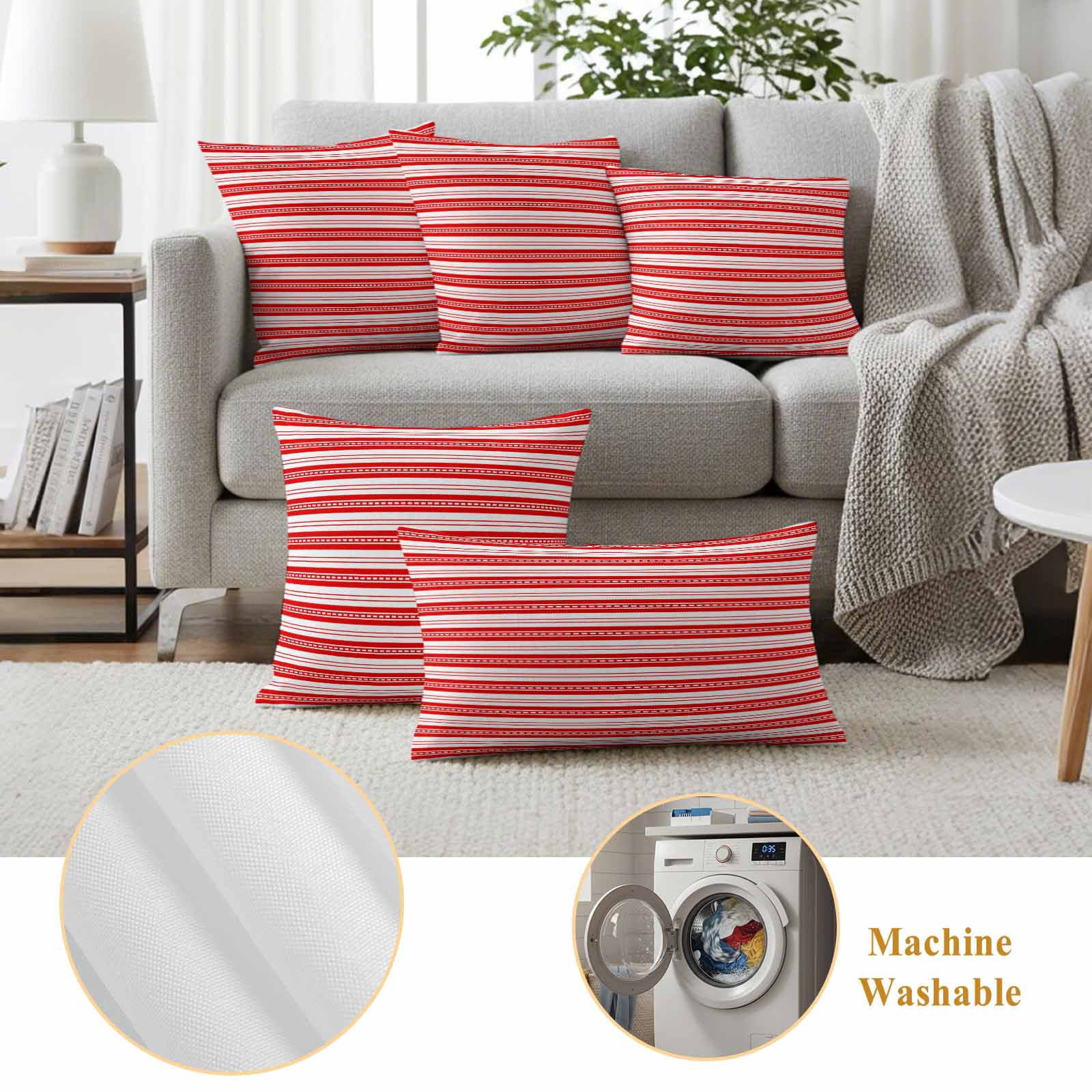 Boho Red Stripe Outdoor Waterproof Pillow Covers, Abstract Geometric White Minimalist Decorative Square Throw Pillowcase Sofa Cushion Sham for Patio/Couch/Chair, 20"x20" 2 Pack