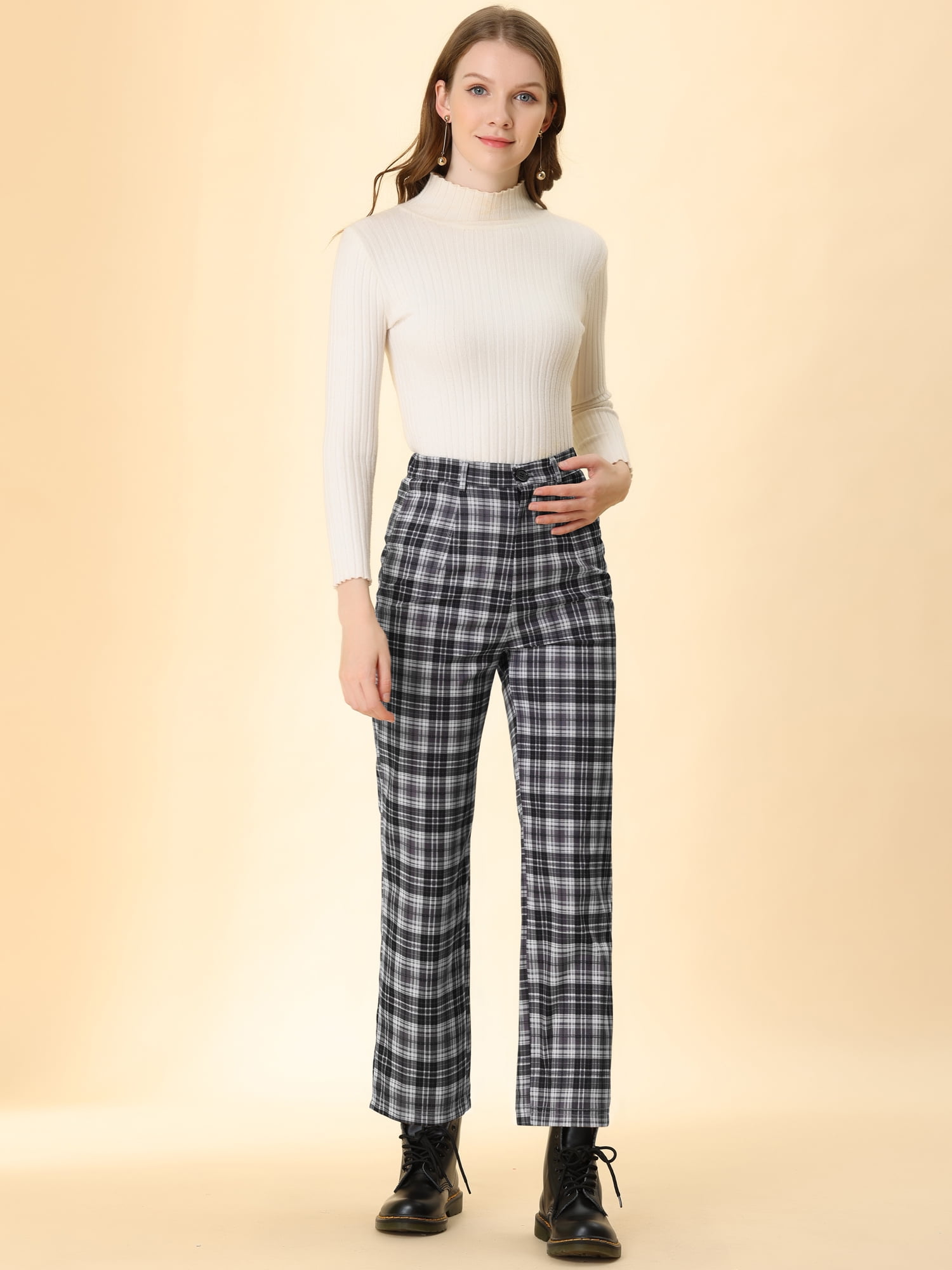 DARING DIVA Women's Plaid Trousers Button Tartan Check Work Pants 2XL Black