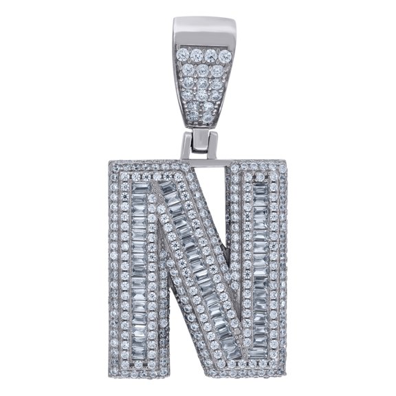 925 Sterling Silver Mens Baguette Cubic-Zirconia Initial Alphabet N Charm Pendant