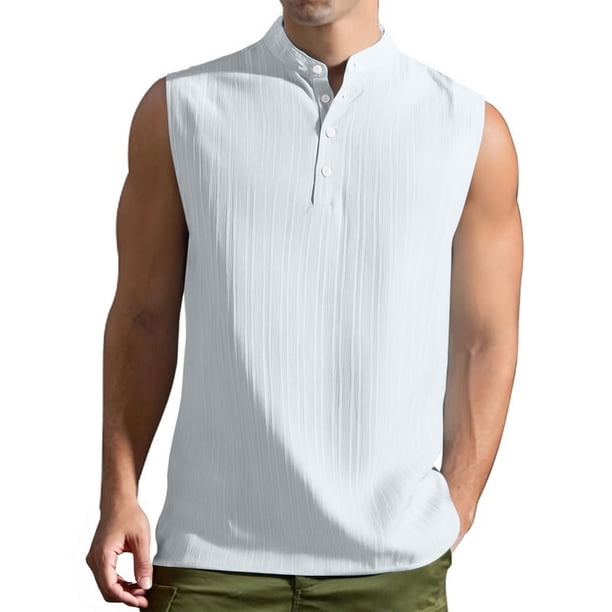 Camiseta de tirantes de cuello redondo de verano para hombre, semiabierta, sin mangas, informal, de color liso, sin mangas, con solapa y cuello de jardín.