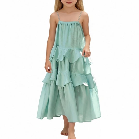 ZHOGXU Kids Girls Spaghetti Strap Solid Color Tiered Layered Ruffle Tie Straps Dress Vacation Comfortable Wear