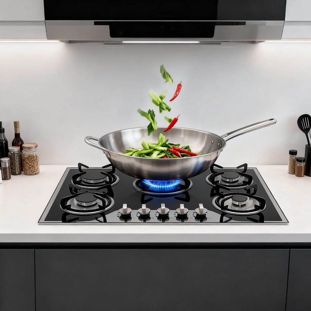 30 Inch Gas Cooktop, 5 Burner Built-in Gas Stove Top LPG/NG Convertible, Black Tempered Glass Gas Hob with Battery Pulse Ignition, 1/2" Gas Connection, Drop-in Kitchen Cooktop for Home & Restaurant