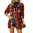thumbnail image 2 of Women Fleece Button Down Plaid Long Coat Lapel Hooded Fleece Lined Jacket Fashion Color Block Tops Wine Red XXL, 2 of 8