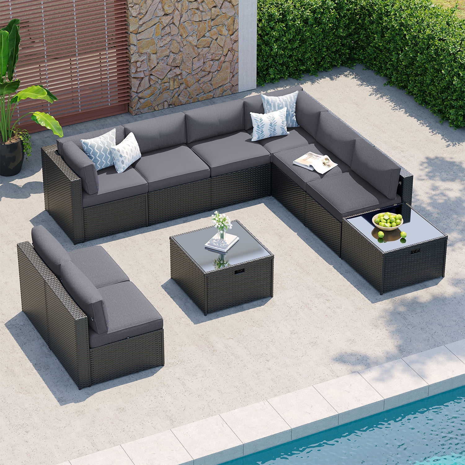 Clouddwell 10-Piece Patio Furniture Set On Sale, Black Rattan Wicker Outdoor Sectional Sofa Couch with Table Patio Conversation Set for Lawn& Backyard, Gray