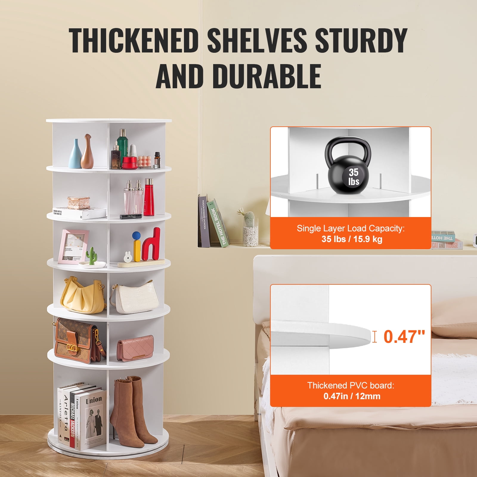 KFFKFF 6-Level Circular Shoe Rack, 360° Rotational Footwear Display, Round Shoe Storage Carousel, Convenient Shoe Organization System, Perfect for Bedroom, Lounge, Hallway, White