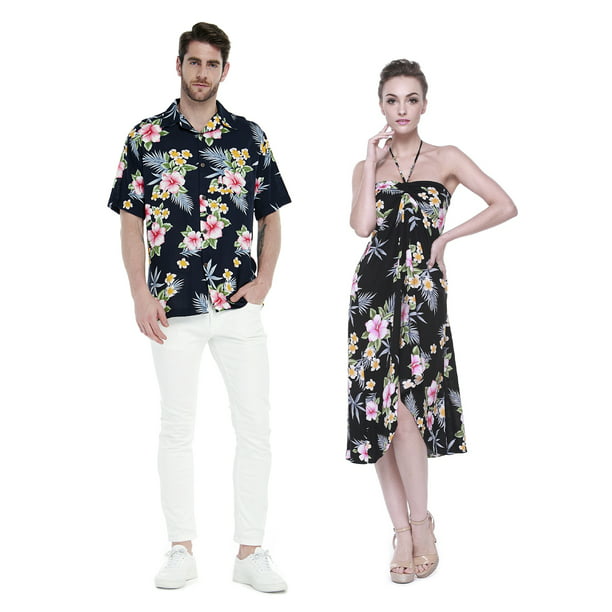Couple Matching Hawaiian Luau Cruise Party Outfit Shirt Dress in Hibiscus  Blue 