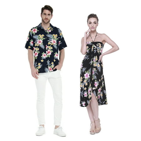 Couple Matching Hawaiian Luau Cruise Party Outfit Shirt Dress in Hibiscus Black Men XL Women L