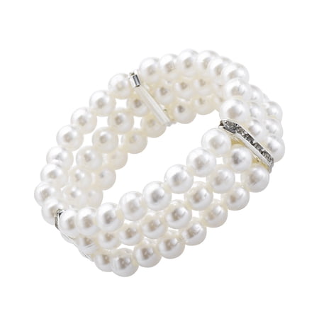SUSHANG Pearl Bracelet Women Bracelet 3 Faux Pearl Rhinestone Decor Elastic Stretchy Bangle Bracelet