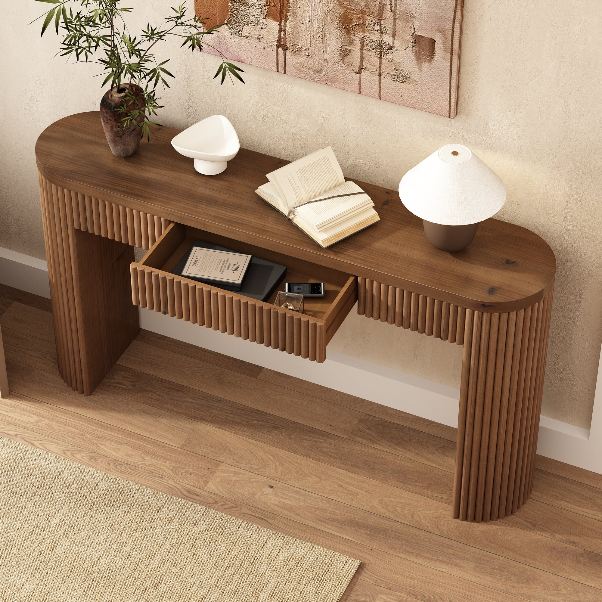 55'' Solid Wood Fluted Console Table with Drawer, Narrow Entryway Table Behind Couch for Living Room Hallway, Brown