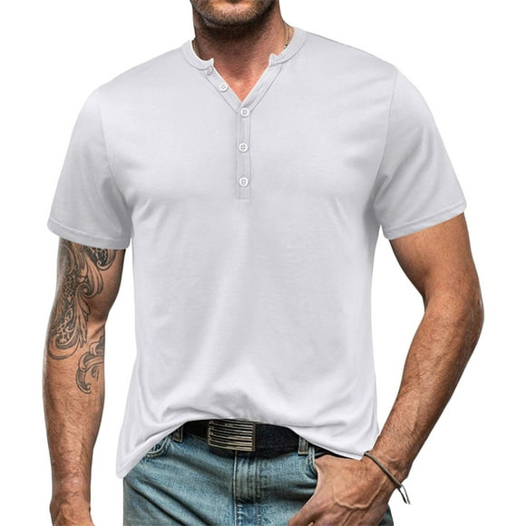 Meichang Henley Shirts for Men Casual Solid Color Button-up Henley Shirt V Neck Tee Tops Slim Fit Workout T-Shirts Gym Athletic Sport Shirts on Clearance White S
