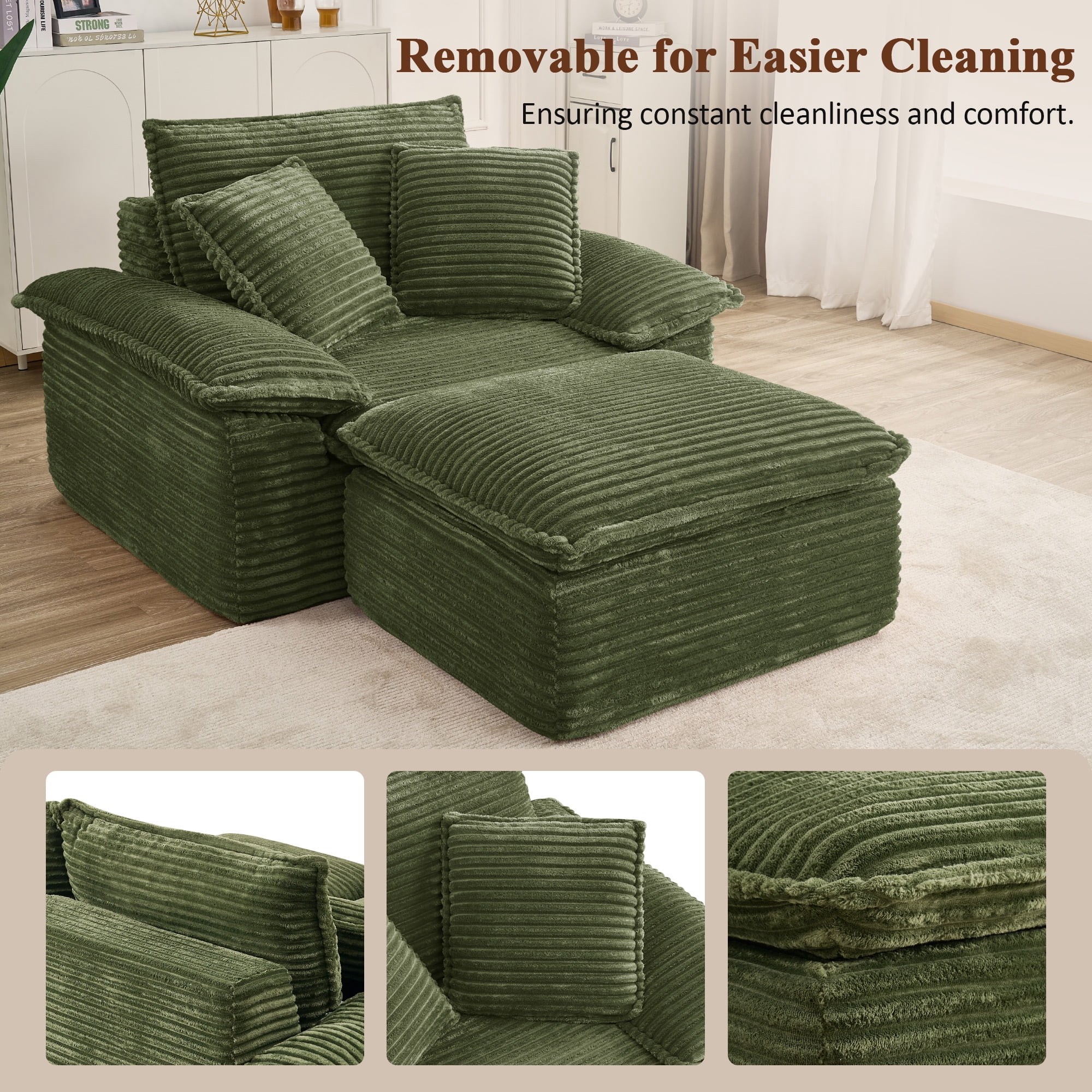 Aukfa 63.5" Oversized Chaise Lounge Sofa with Movable 2-Layer Ottoman, Deep Seat Boneless Couch, Corduroy Lounge Chair, Green