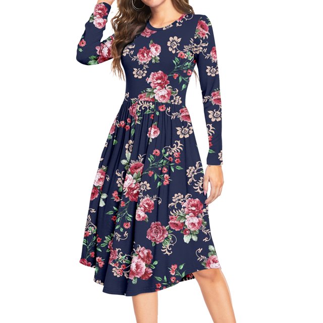 MLANM Women Long Sleeve Polka Dot Casual Modest Work Midi Knee Length