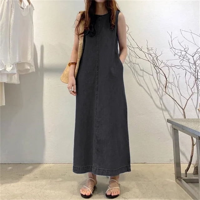 Generic Fashion Long Skirt round Neck Sleeveless Pocket Loose Long Vest Denim Robe Dress Women