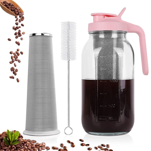 Cafetera Cold Brew QHH, 1,9 L, boca ancha, tarro rosa