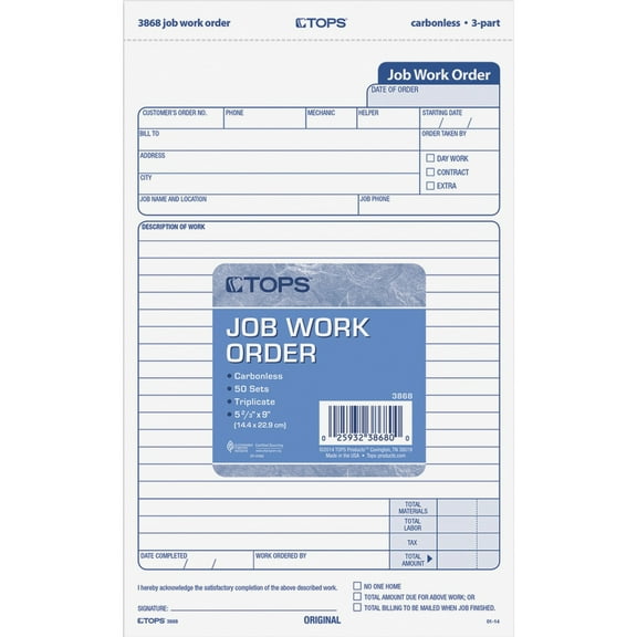 TOPS Carbonless 3-Part Job Work Order Forms, 50 Sets per Pack, TOP3868,