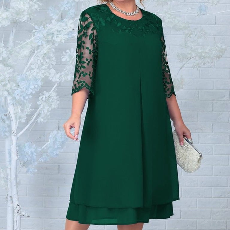 Idopip Plus Size Cocktail Dress for Curvy Women 1/2 Sleeve Floral Embroidery Wedding Guest Dress