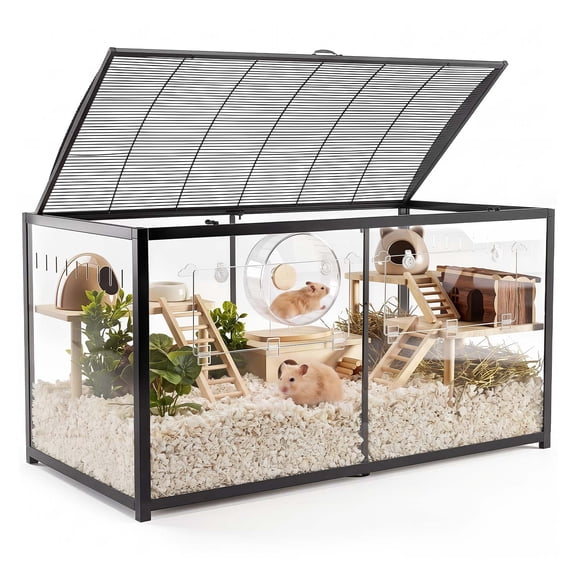 VEVOR Hamster Cage 47.2"x23.6"x25.4" 360° Viewing Metal Hamster Habitat, Transparent Small Animal Cage with Top Access & Front Door, Large Portable Pet House for Guinea Pig, Gerbil (7.7 ft², Black)