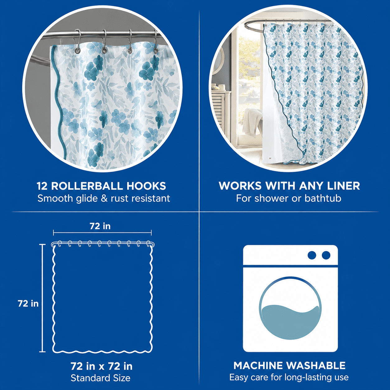 Mainstays 14 Piece Green and Blue Floral Scallop Shower Curtain Set – 72" x 72" Faux Linen Fabric, Waterproof PEVA Liner & Metal Hooks, Machine Washable