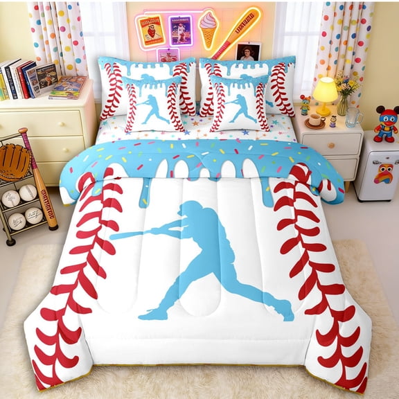 Erosebridal Light Blue Dripping Baseball Stitch & Batter Silhouette Graphic Twin Bedding Sets 7-Piece, Ball Gamer Bedding Comforter Set for Boys And Girls Kids,Microfiber Bedroom Decor