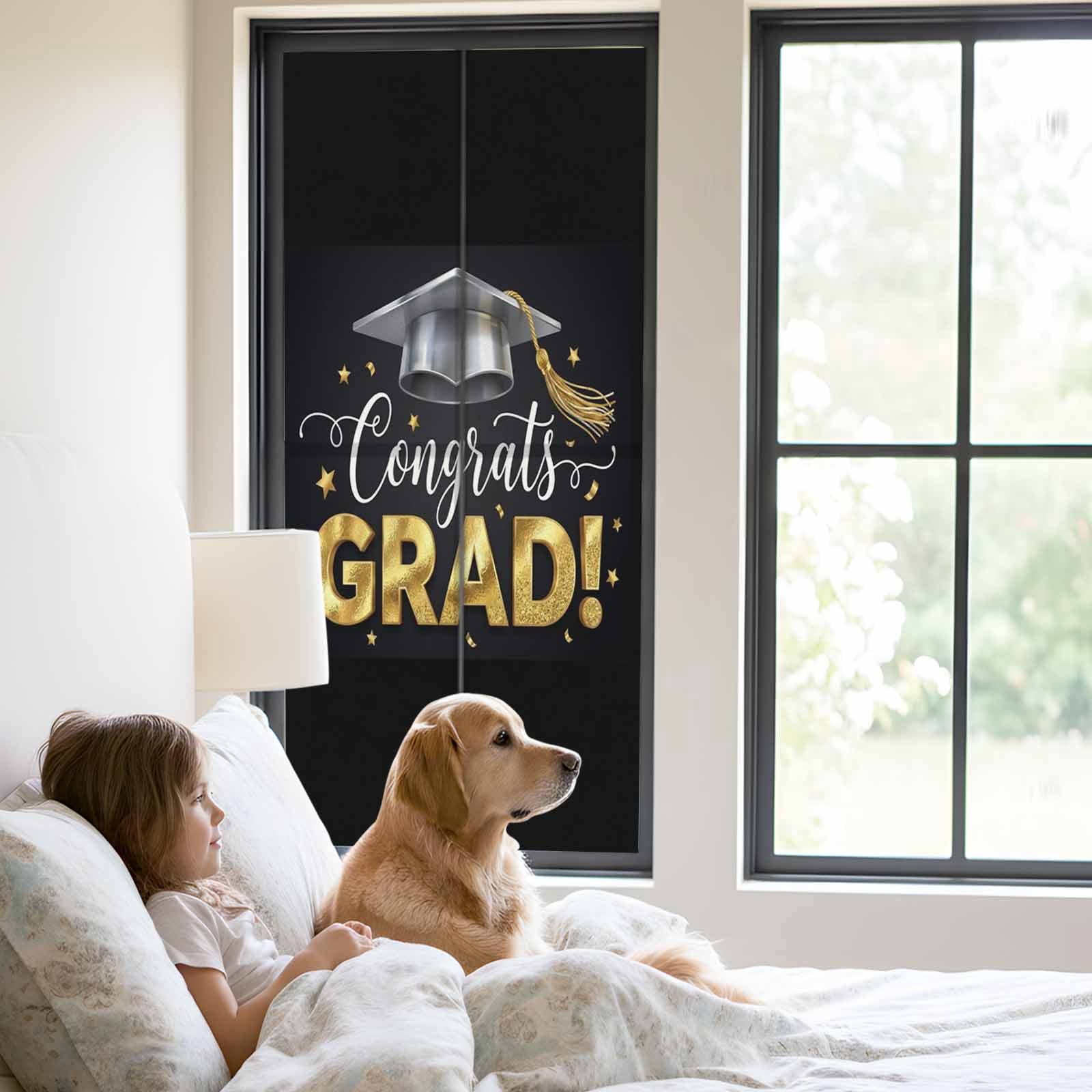 Graduate Season Window Privacy Film, Congrats Grad Bachelor's Cap Celebration Black Frosted Glass Window Clings Static Cling UV Heat Blocking Reusable Door Sticker for Bathroom 23.6 x 59 Inch