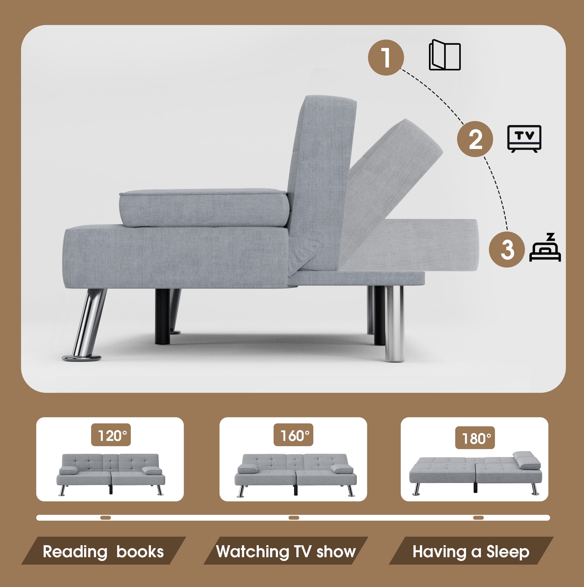 Homall Modern Linen 3 Adjustable Positions Convertible Sofa with Pillows, Gray