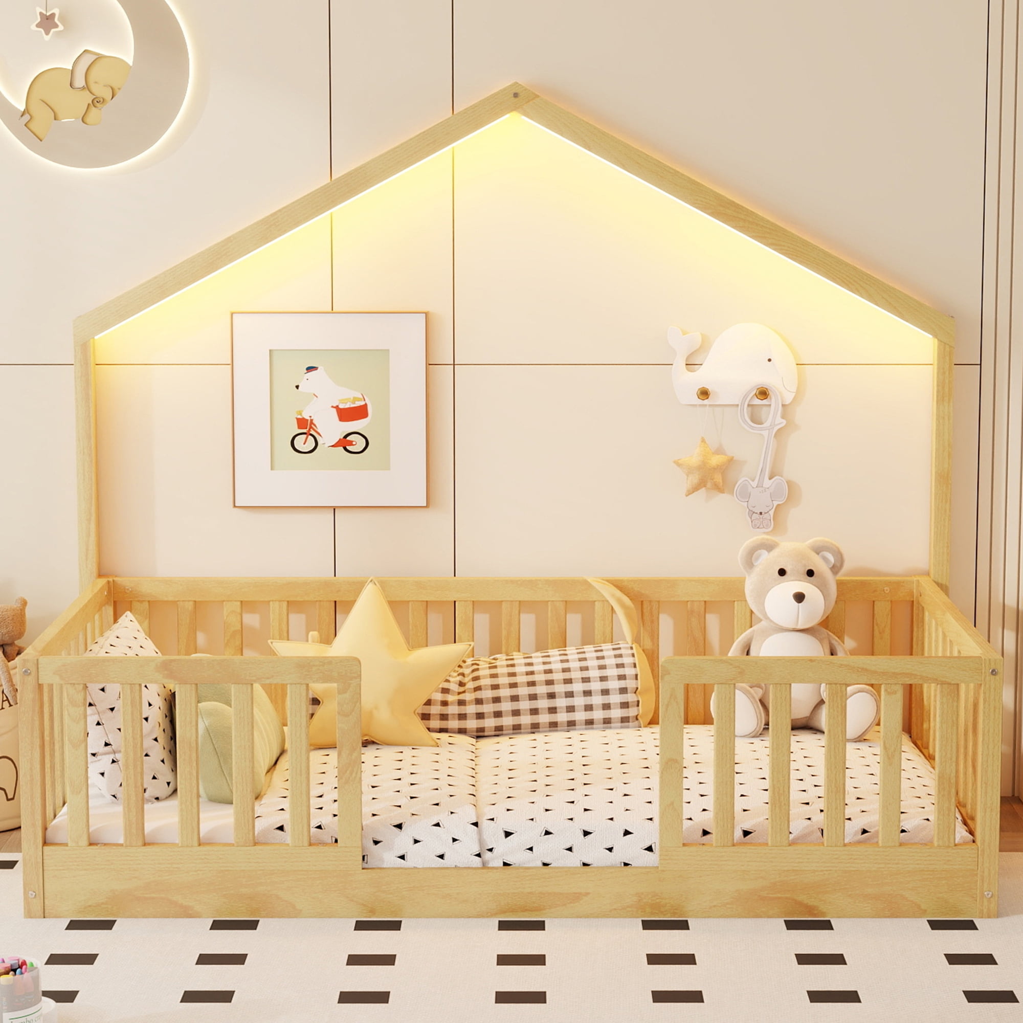 Mirightone Twin Floor Bed Frame with LED Light & High Guardrail, Pine Wood Montessori Bed Twin Size House Floor Bed, Slats Included (Natural)