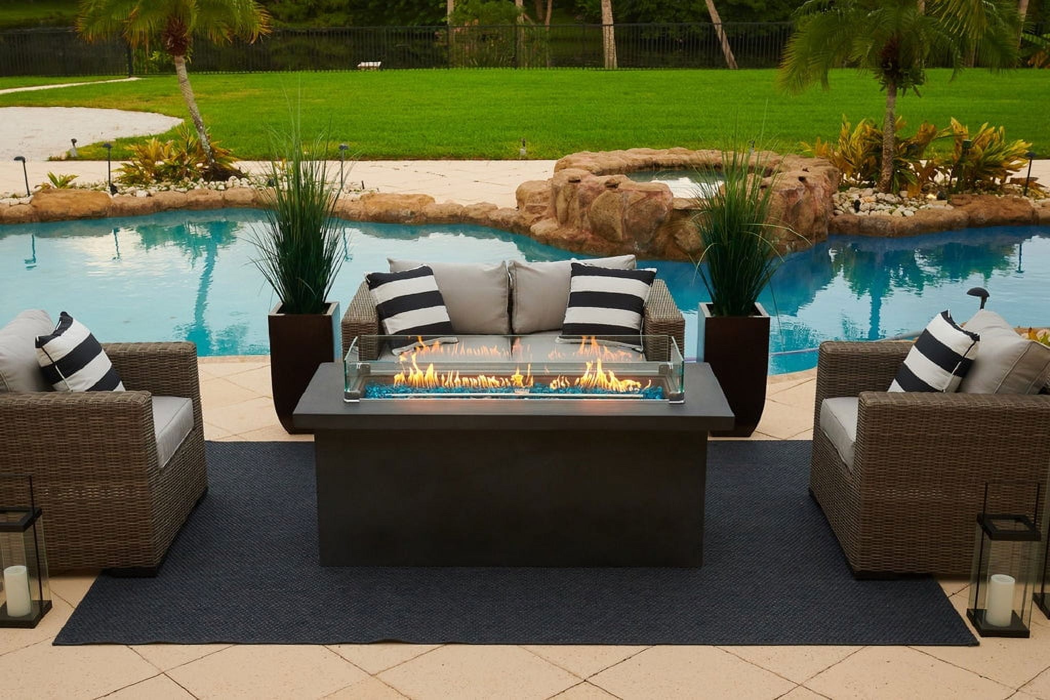 60" Rectangular Chat Height Outdoor Propane Gas Concrete Smokeless Fire Pit for Patio, Table with Glass Guard and Crystals in Gray (Clear Crystals)