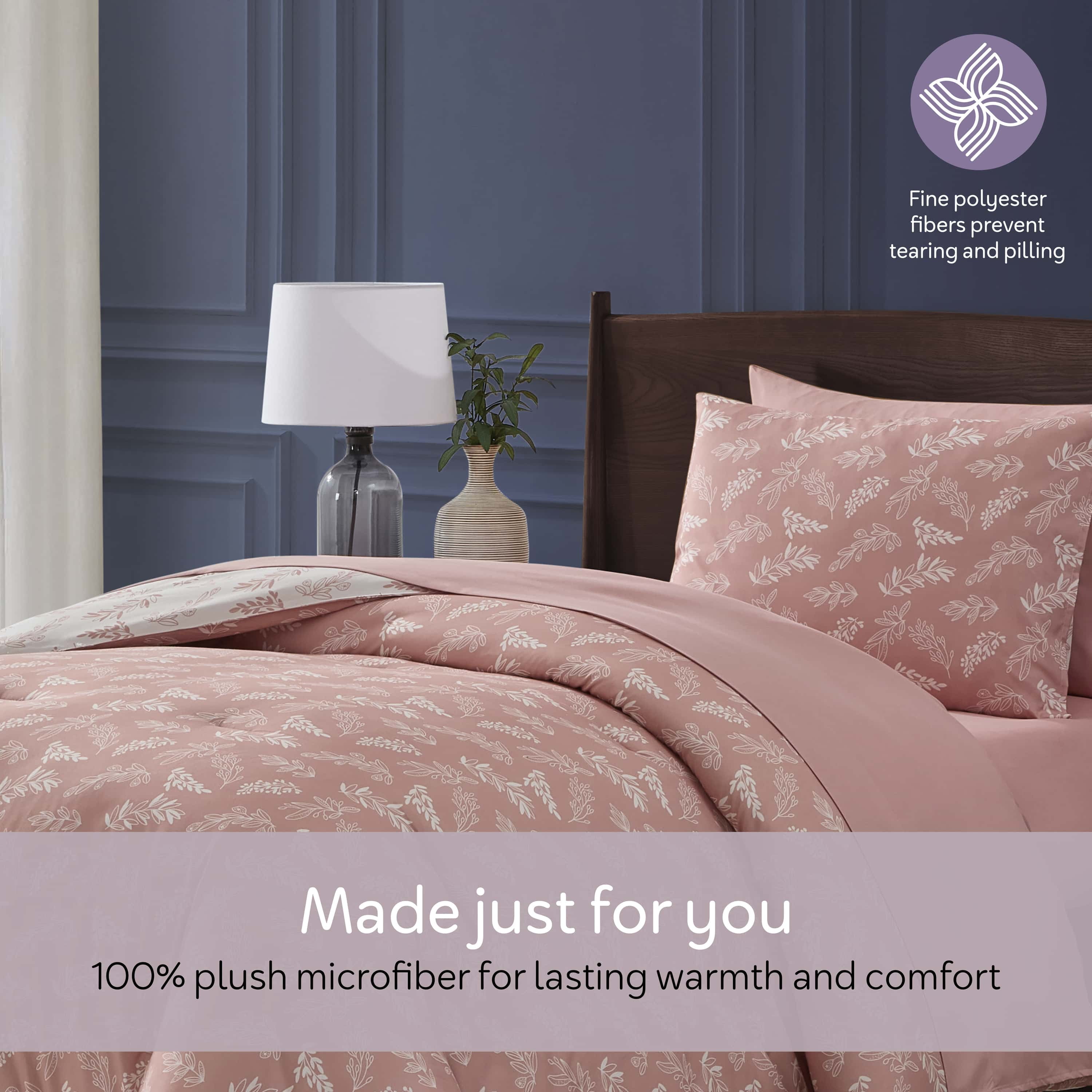 LammaLoe Twin Comforter Sets, 5 Piece Botanical Bed in a Bag, Reversible Bedding Comforter Set with Sheets, Modern Bed Set, Bali Blush/Porcelain Glow