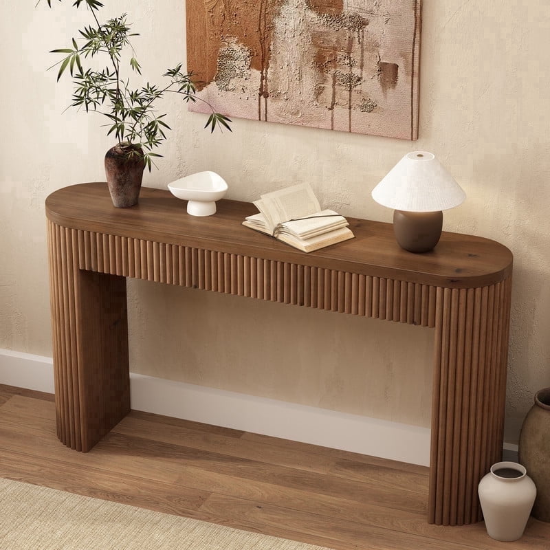 55'' Solid Wood Fluted Console Table with Drawer, Narrow Entryway Table Behind Couch for Living Room Hallway, Brown