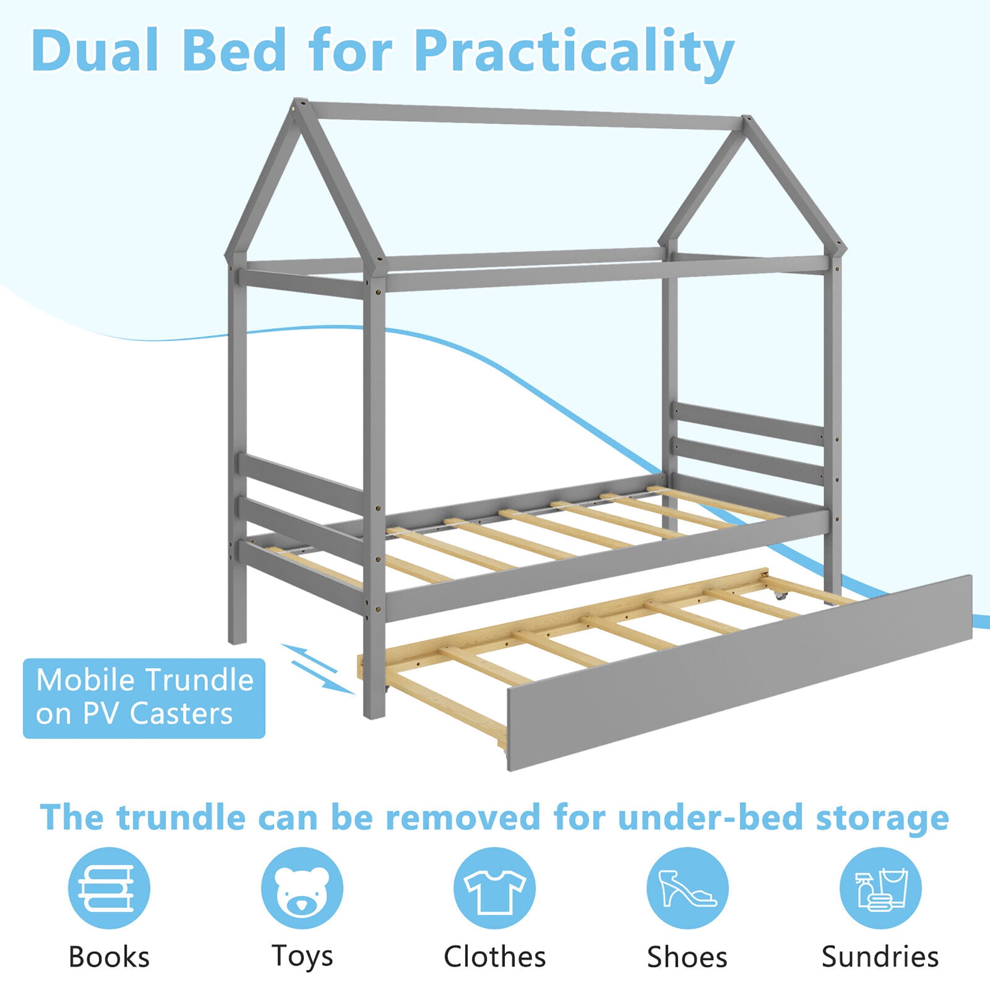 Gymax Twin House Bed Frame w/ Trundle Roof Wooden Platform Mattress Foundation Grey