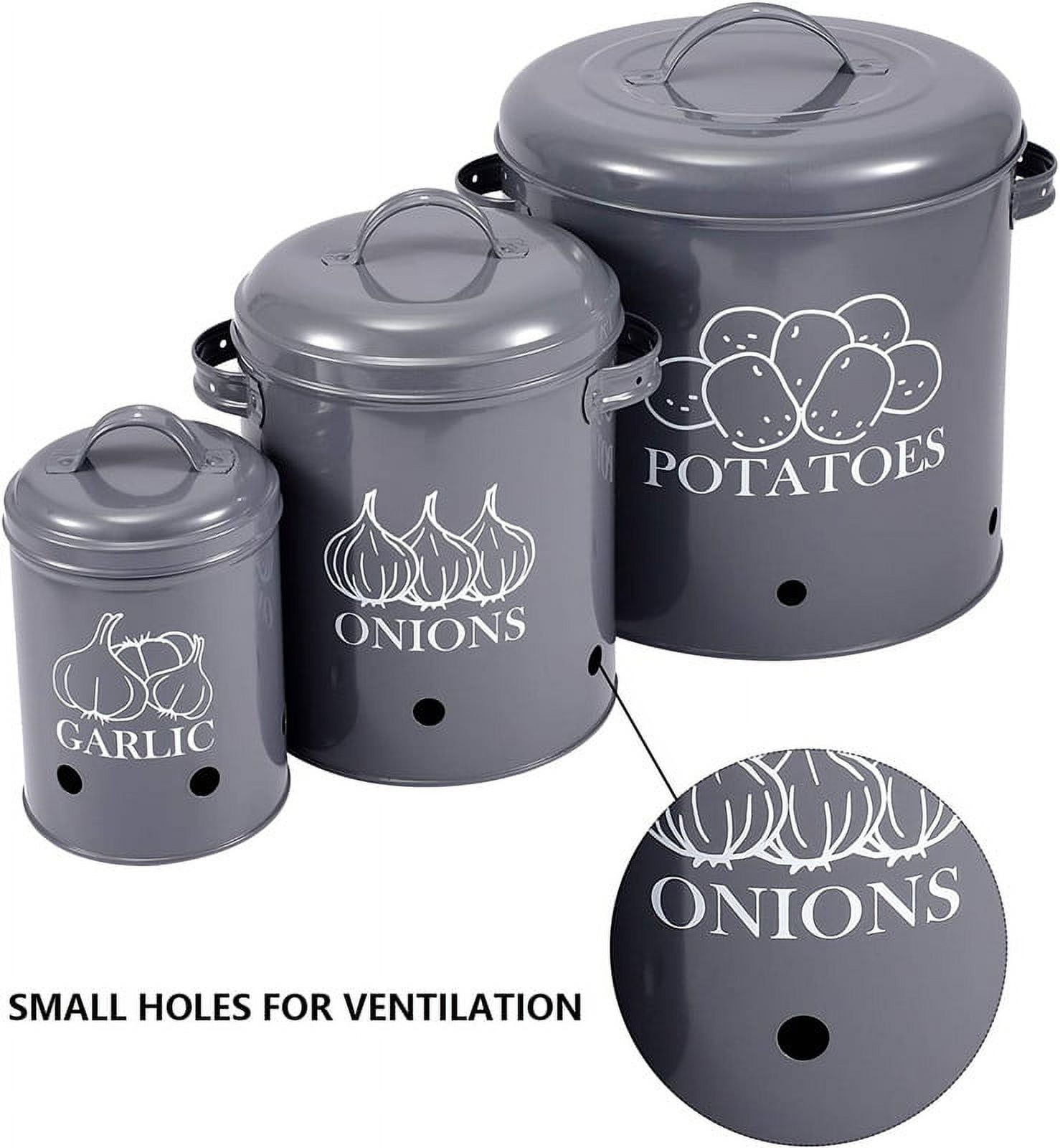 Kook Potato, Onion & Garlic Kitchen Storage Canisters, Rustic Farmhouse Containers with Aerating Holes, Vintage Vegetable Tins, Set of 3, 5 Liter, 2