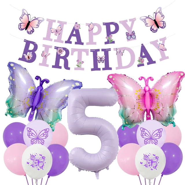 Set de globos para fiesta de quinto cumpleaños con temática de mariposas, 15 unidades