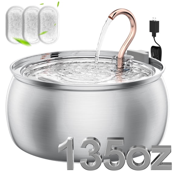FURCLAN 4L/135oz Swan Neck Cat Water Fountain Stainless Steel with 3 Filters, 304 Stainless Steel Dog Water Fountain, Ultra-Silent Pet Water Dispenser, Drinking Fountain for Cats & Dogs