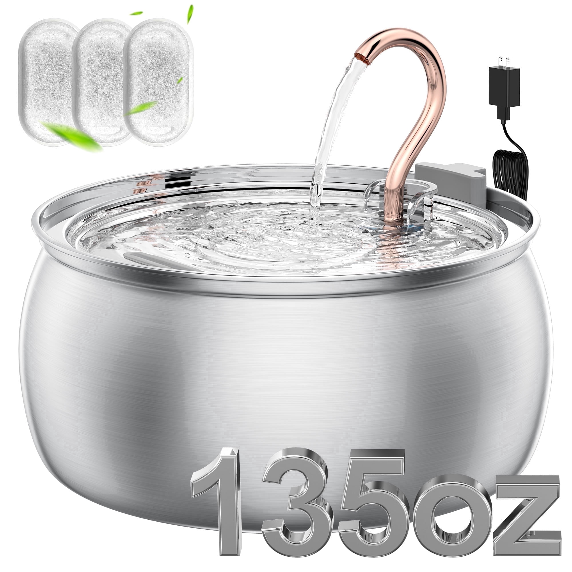 FURCLAN 4L/135oz Swan Neck Cat Water Fountain Stainless Steel with 3 Filters, 304 Stainless Steel Dog Water Fountain, Ultra-Silent Pet Water Dispenser, Drinking Fountain for Cats & Dogs