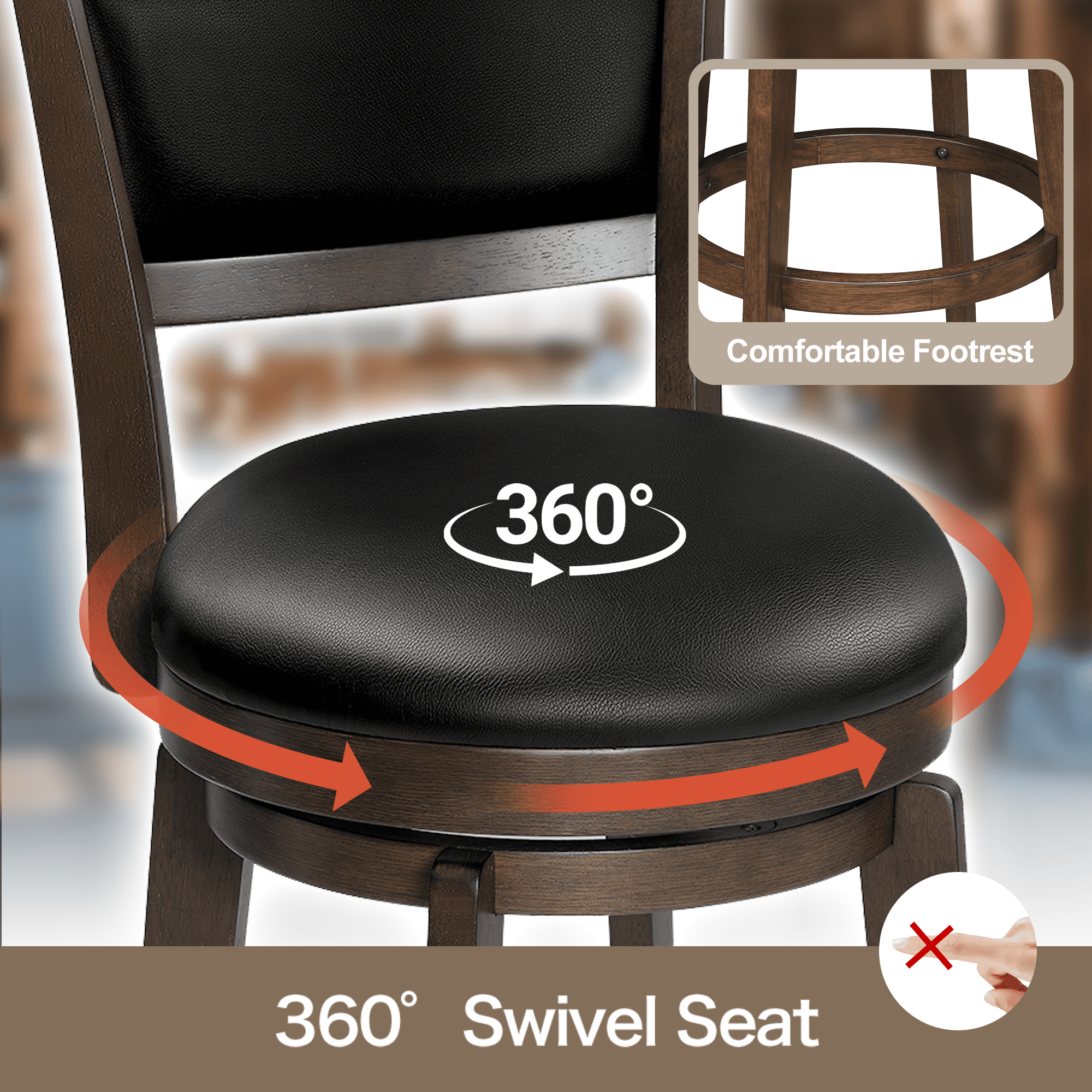 TrumanPick 26 Inch Swivel Bar Stools&nbsp;Set of 2 Upholstered Counter Height Barstools with High Back Chair for Kitchen Island, Black