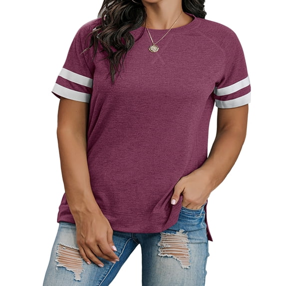 Hantions Summer Casual Plus Size Tops for Women Cute Crew Neck Short Sleeve Oversized T Shirts Tunic Blouses Wine Red