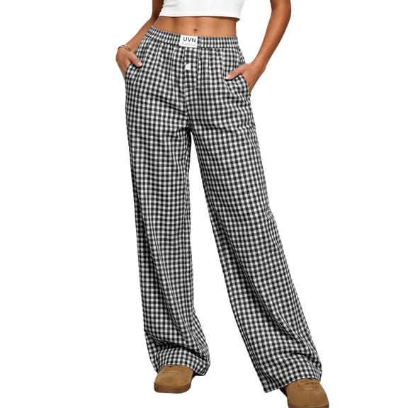 UVN Pants for Women Gingham Wide Leg Casual Lounge Bottoms Ladies Plaid Trousers with Pocket