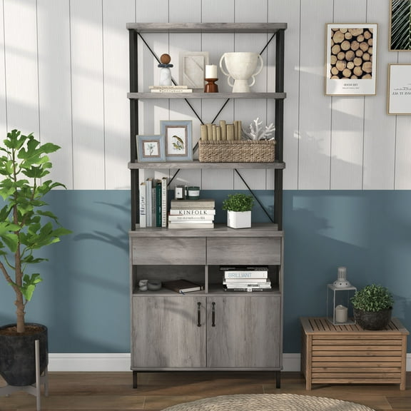 Furniture of America Brix Multi-Storage Wood Adult Bookcase, Vintage Gray Oak